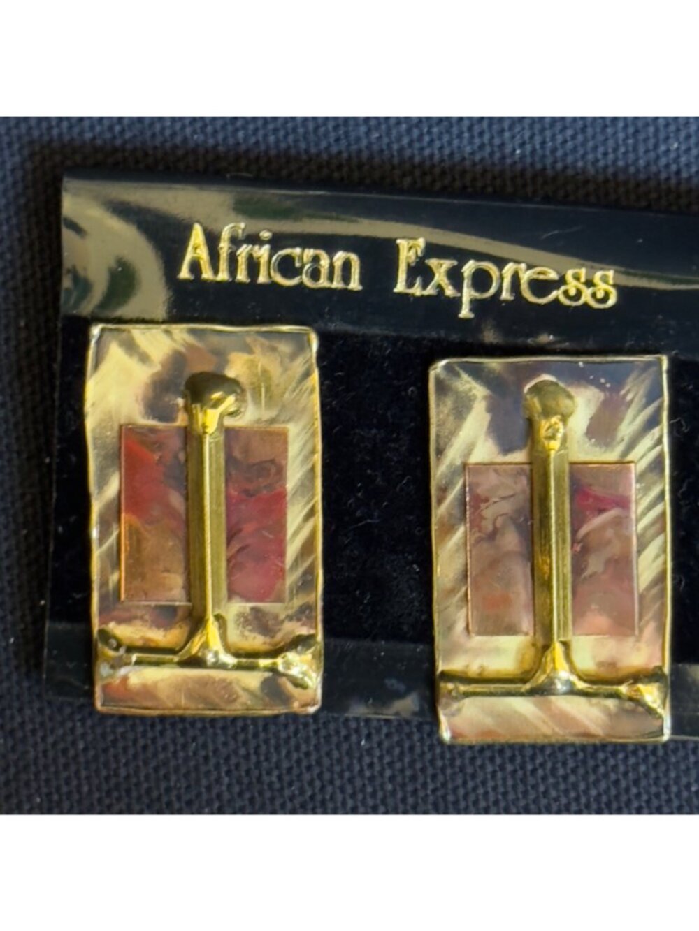African Express Rectangular Gold-Tone & Marbled Clip-On Earrings Made In South A - Picture 9 of 10